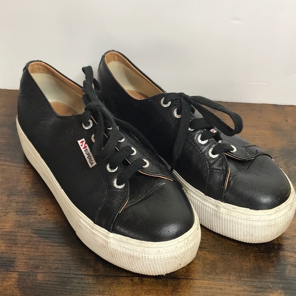 Superga Shoes - Superga Black Leather Platform Sneakers Size 38 / US 7.5 Y2K